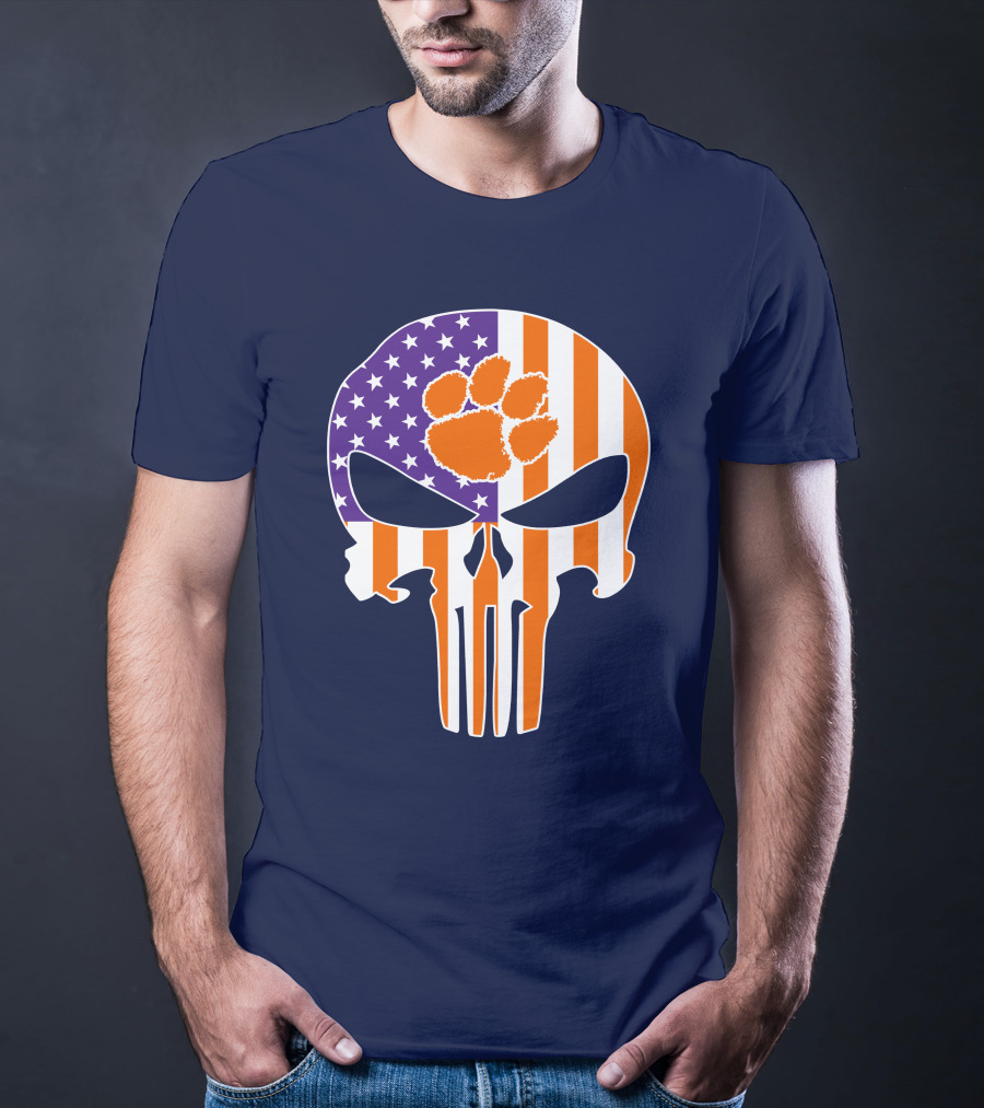 Clemson Tigers The Punisher American Flag Skull Paw T-Shirt