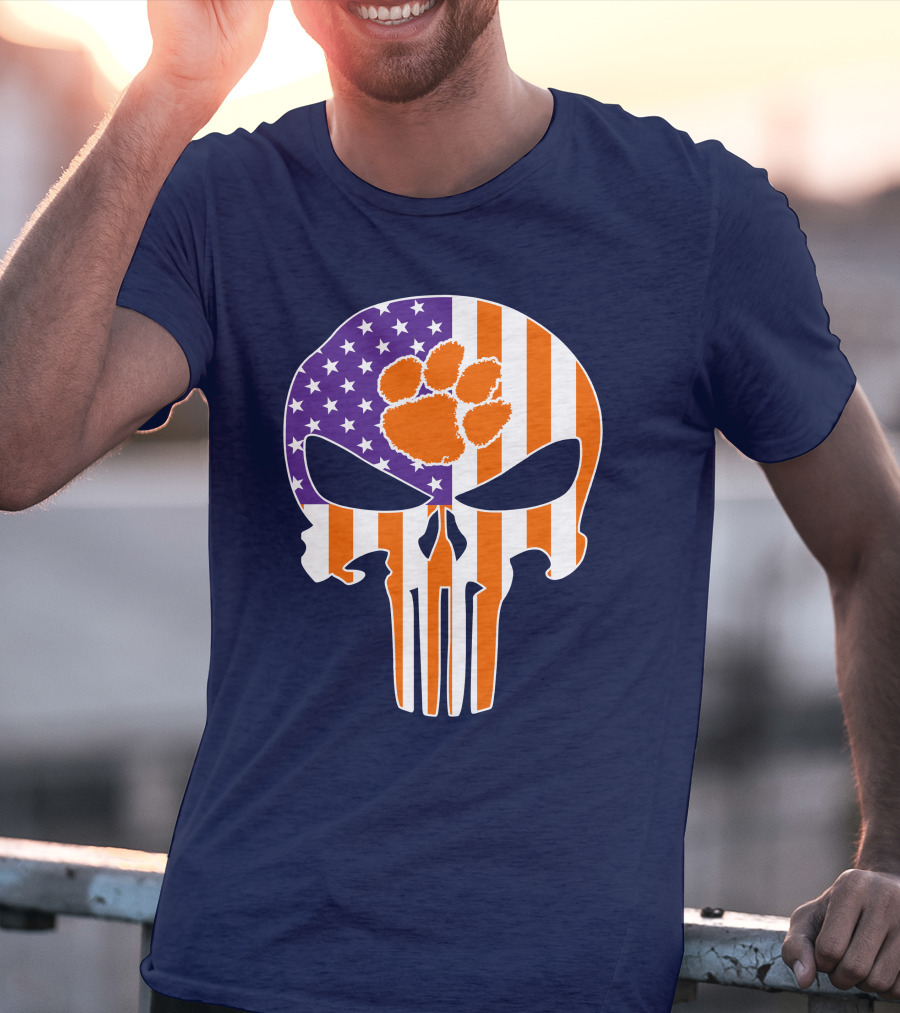 Clemson Tigers The Punisher American Flag Skull Paw T-Shirt