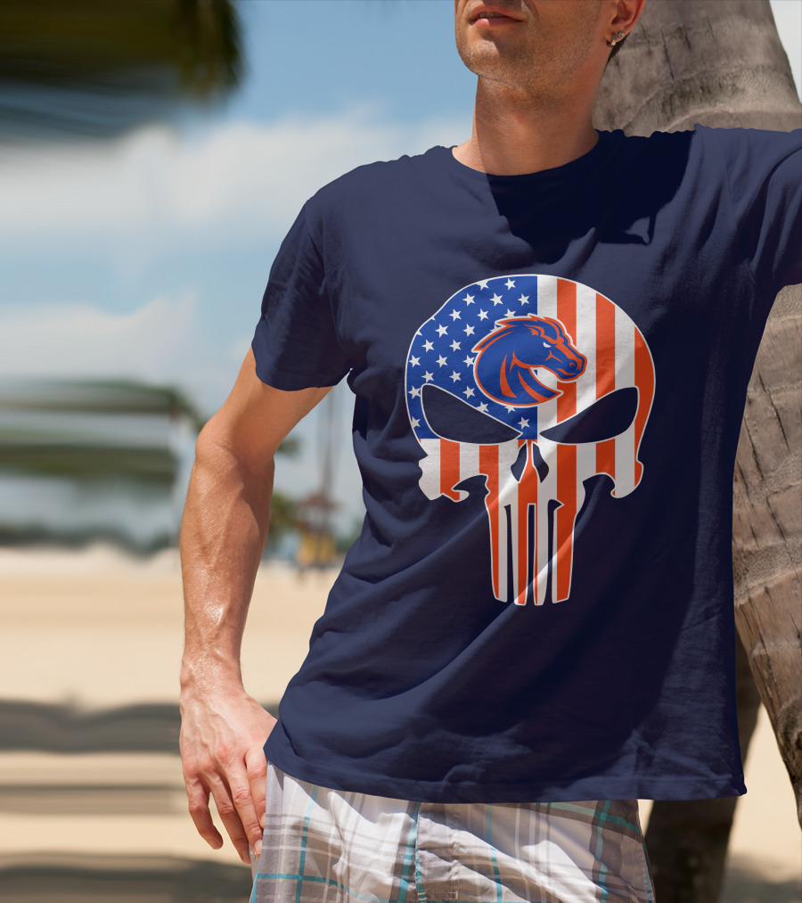 Boise State Broncos The Punisher American Flag Skull T-Shirt