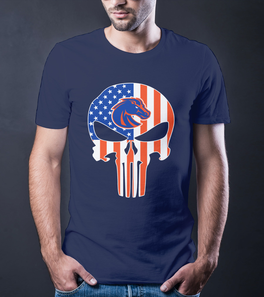 Boise State Broncos The Punisher American Flag Skull T-Shirt