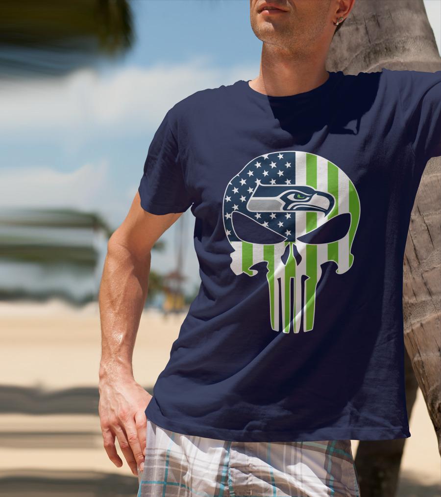 Seattle Seahawks The Punisher Skull American Flag T-Shirt