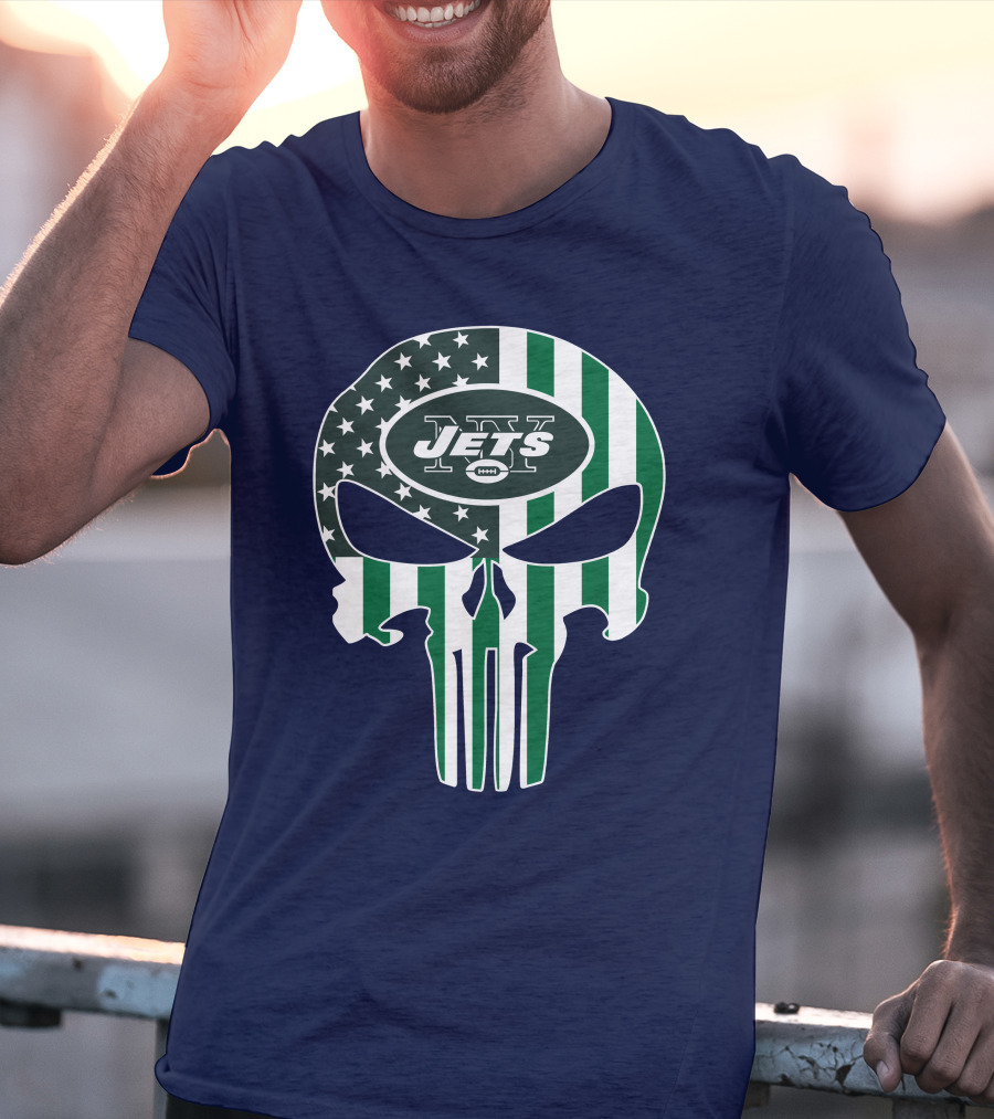 New York Jets Punisher Skull American Flag T-Shirt