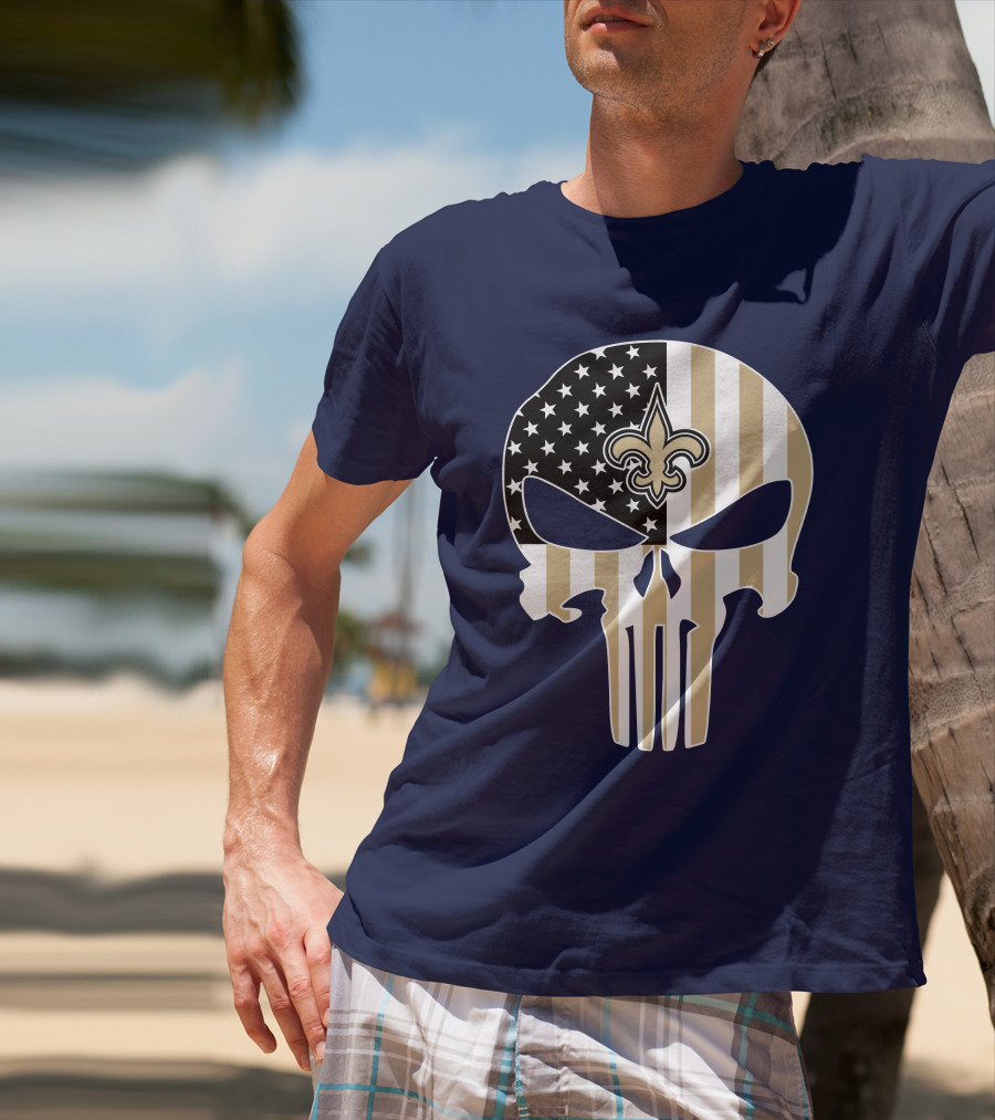 New Orleans Saints The Punisher American Flag Skull Fleur-De-Lis T-Shirt