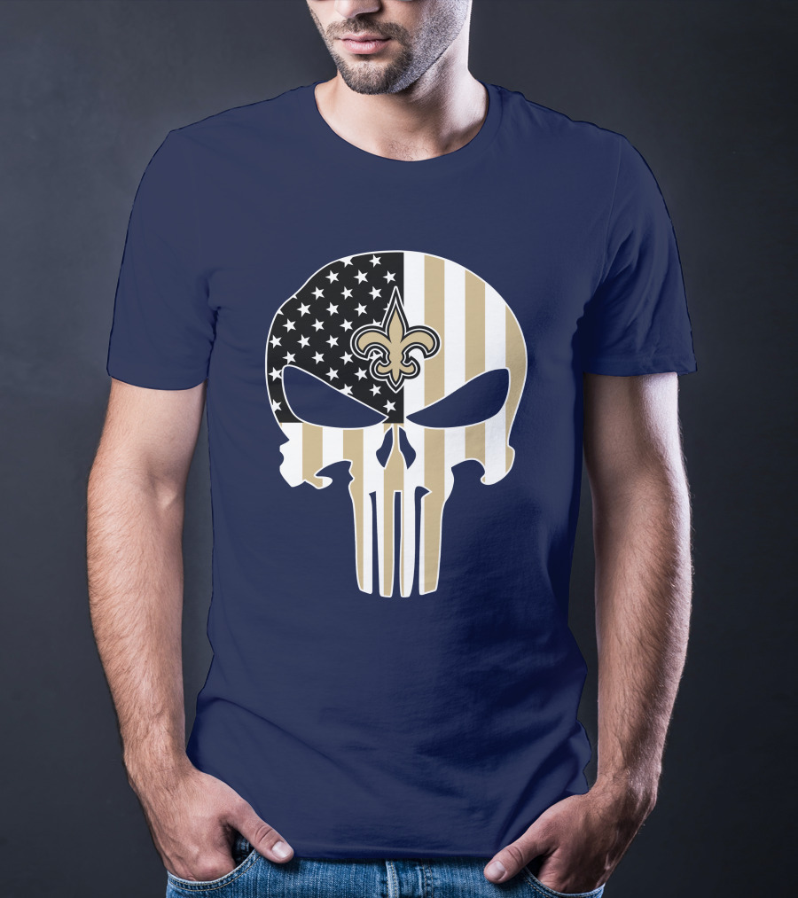 New Orleans Saints The Punisher American Flag Skull Fleur-De-Lis T-Shirt
