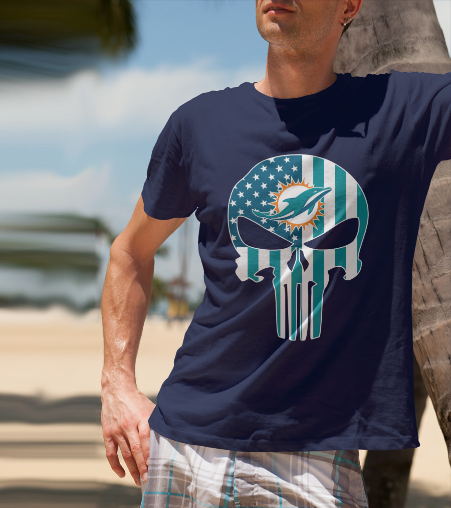 Miami Dolphins The Punisher American Flag Skulls T-Shirt