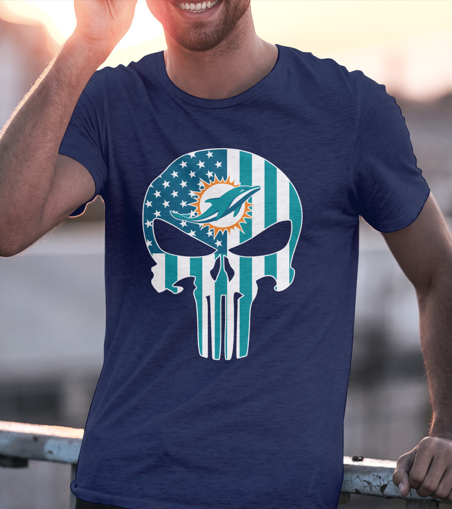Miami Dolphins The Punisher American Flag Skulls T-Shirt