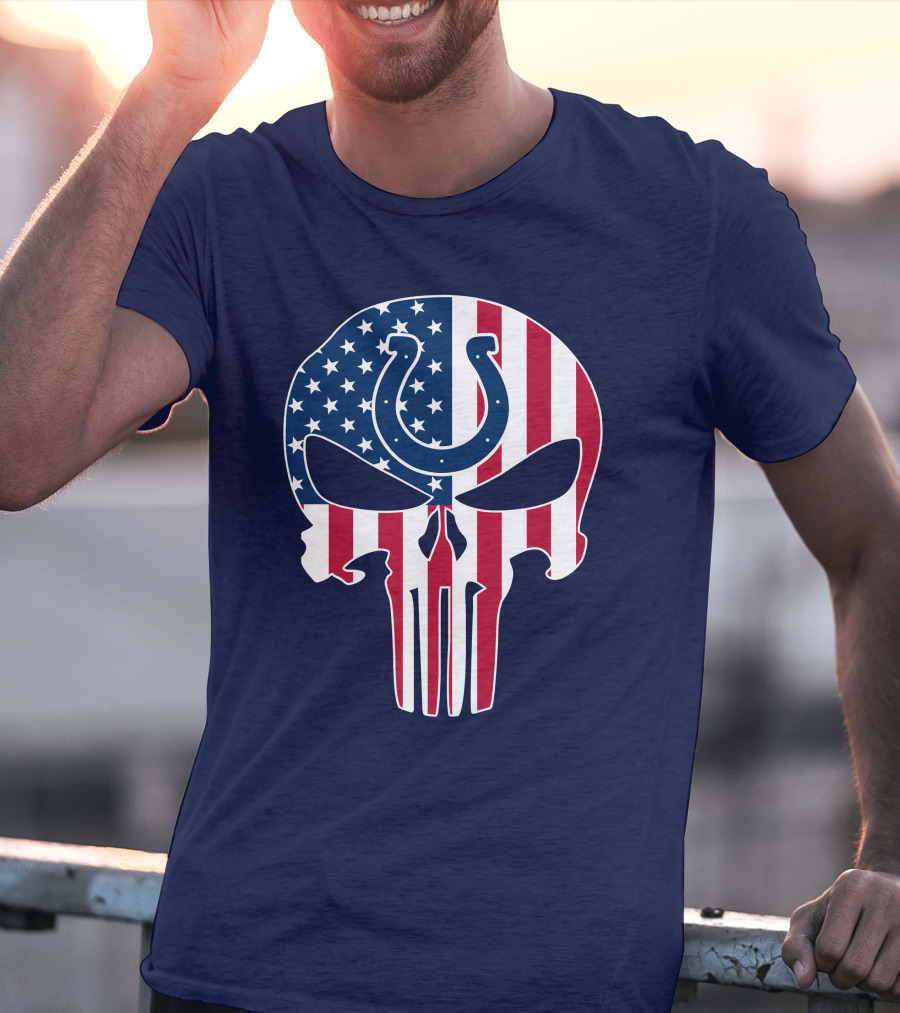 Indianapolis Colts The Punisher Skull American Flag Colts Horseshoe T-Shirt