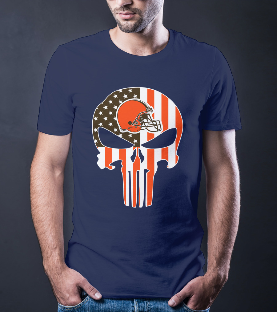 Cleveland Browns The Punisher American Flag Helmet Skull T-Shirt