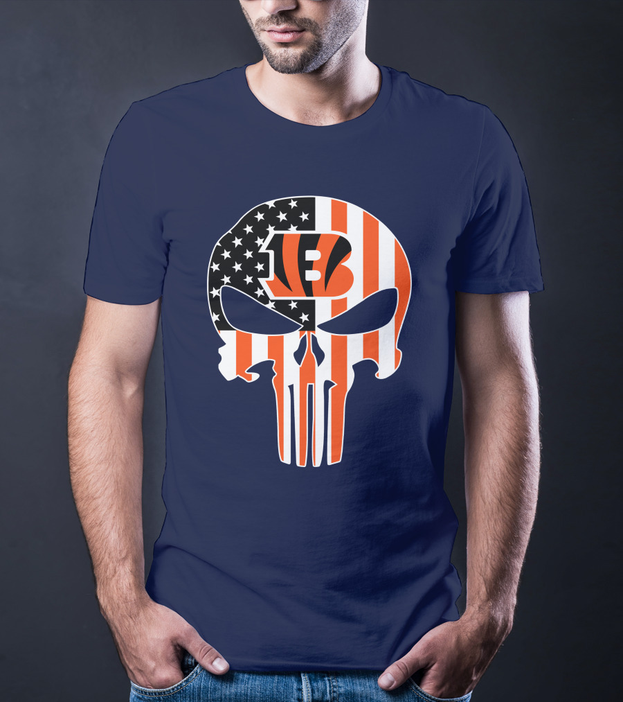 Cincinnati Bengals Skull Logo American Flag T-Shirt