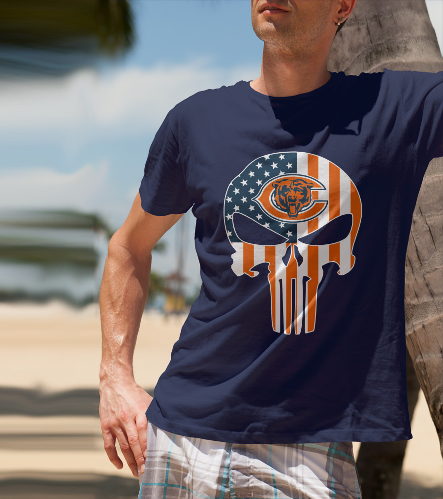 Chicago Bears The Punisher Skull American Flag T-Shirt