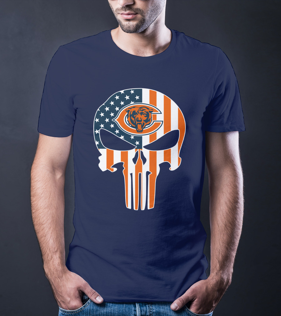 Chicago Bears The Punisher Skull American Flag T-Shirt