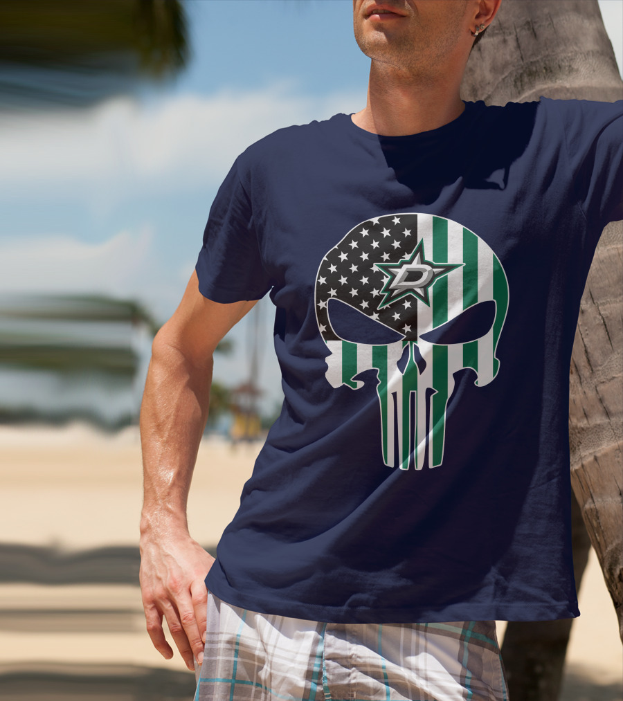 Dallas Stars Punisher Skull American Flag Stripe T-Shirt