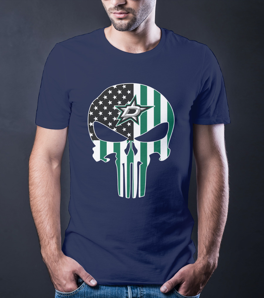 Dallas Stars Punisher Skull American Flag Stripe T-Shirt