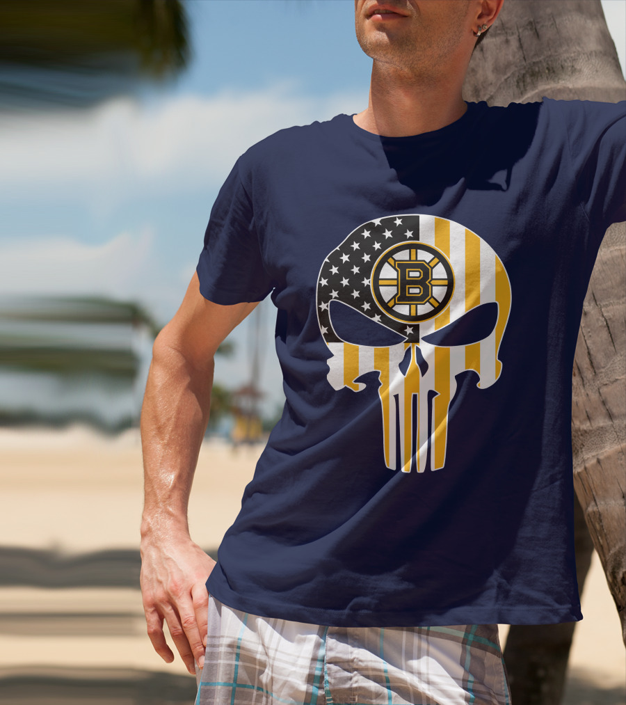 Boston Bruins The Punisher American Flag Skull T-Shirt