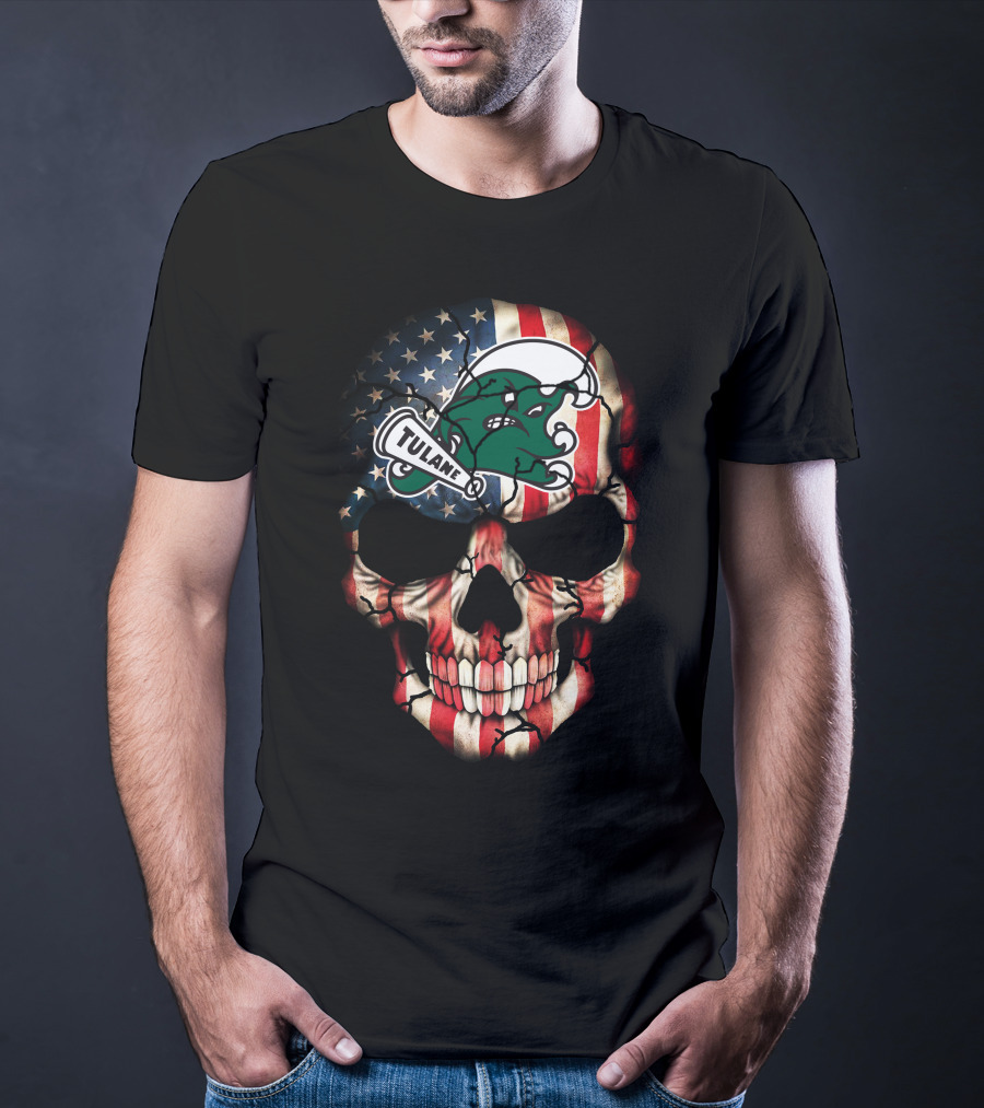 Patriotic Skull With Tulane Green Wave Logo On American Flag Style T-Shirt