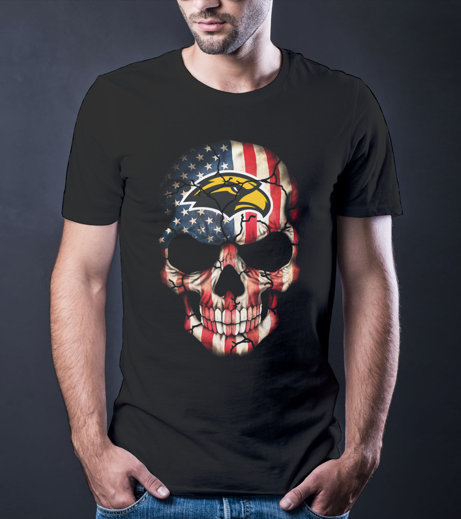 Skull With American Flag And Southern Mississippi Golden Eagles T-Shirt