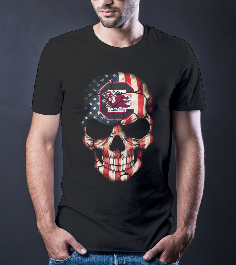 American Flag Skull With South Carolina Gamecocks T-Shirt