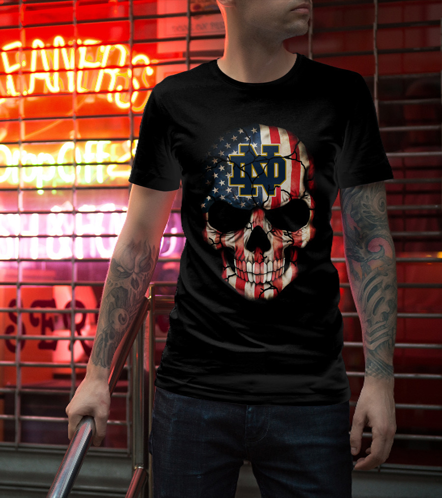 Notre Dame Fighting Irish Skull With American Flag T-Shirt
