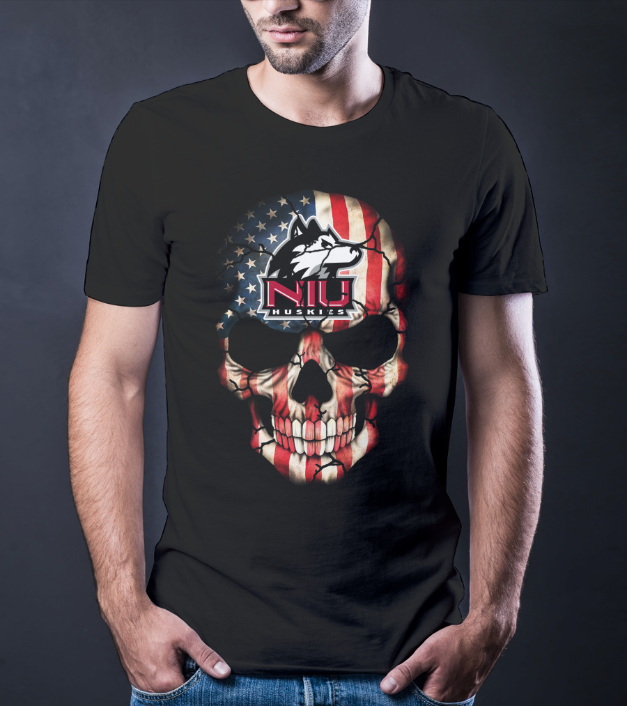 Niu Huskies American Flag Skull T-Shirt