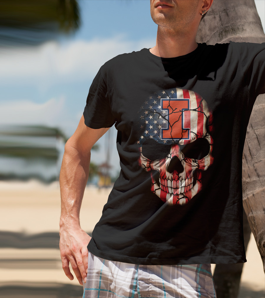 I Illinois Fighting Illini American Flag Skull 84 T-Shirt