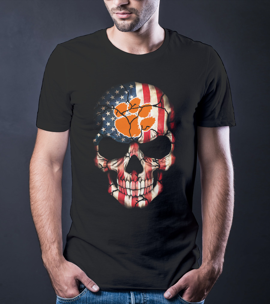 Clemson Tigers Skull American Flag Paw Print T-Shirt