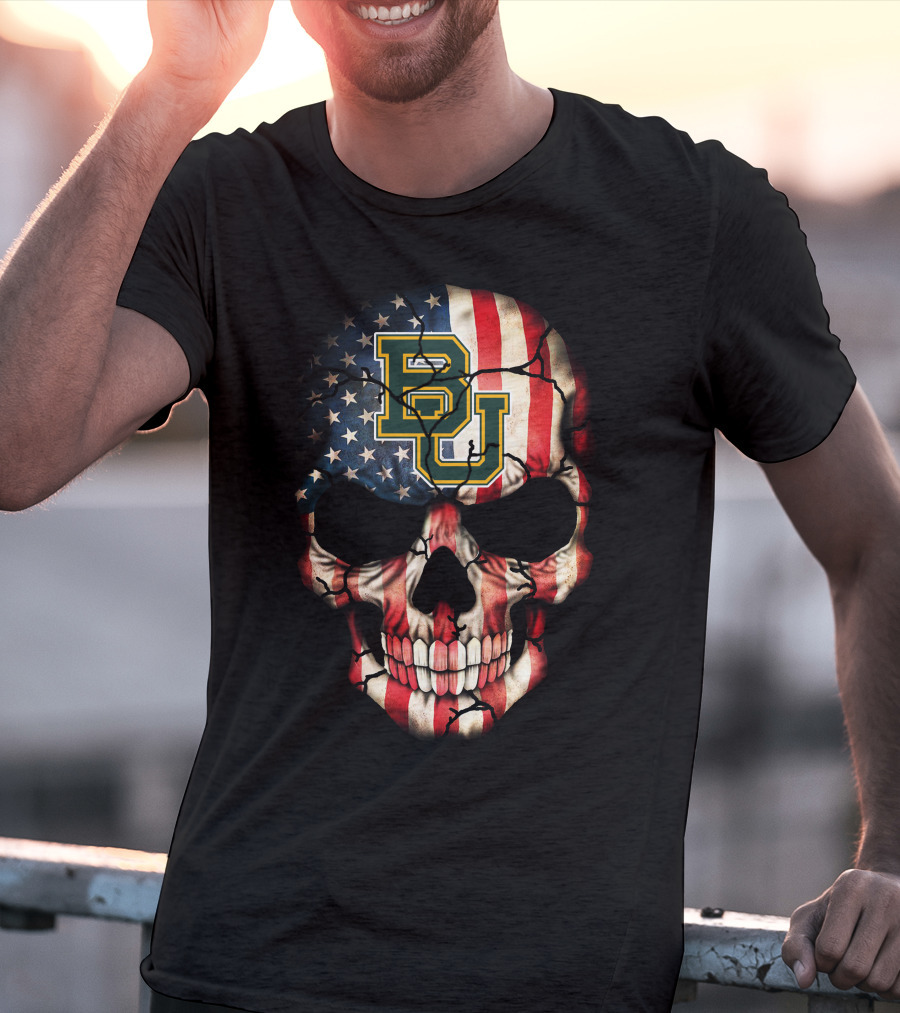 Baylor Bears Patriotic Skull With American Flag T-Shirt