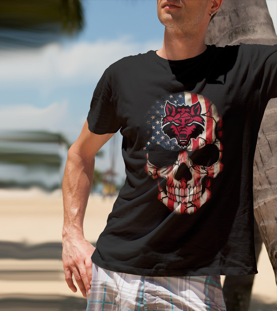 Arkansas State Red Wolves American Flag Skull T-Shirt