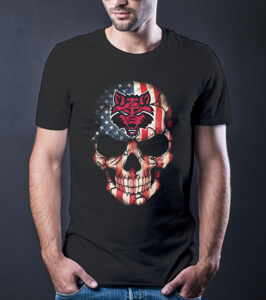 Arkansas State Red Wolves American Flag Skull T-Shirt