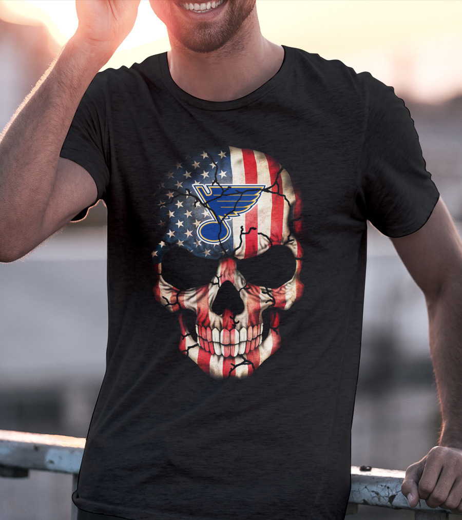 Skull With American Flag And St Louis Blues T-Shirt