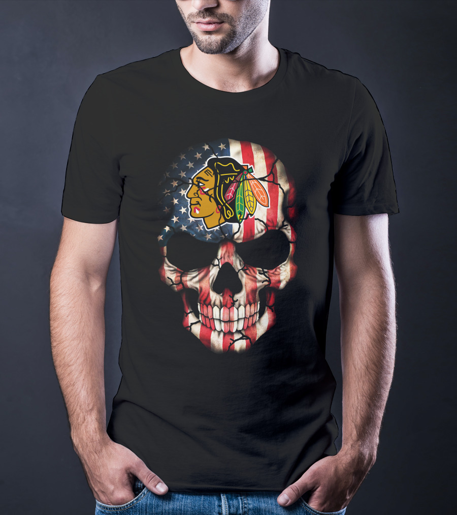 Chicago Blackhawks American Flag Skull T-Shirt