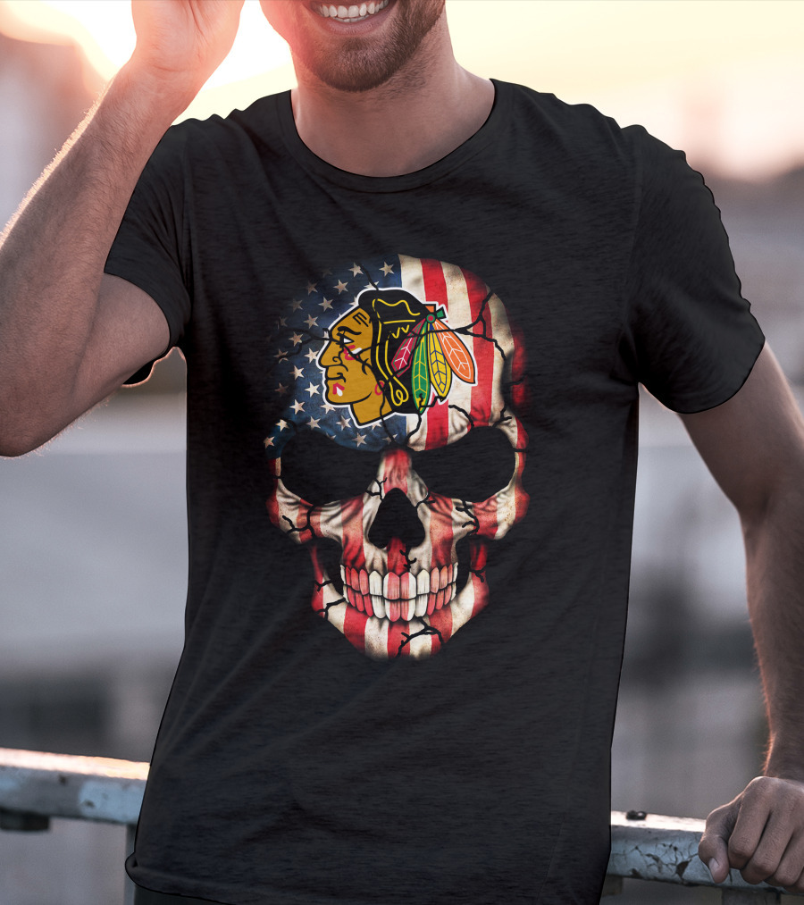 Chicago Blackhawks American Flag Skull T-Shirt