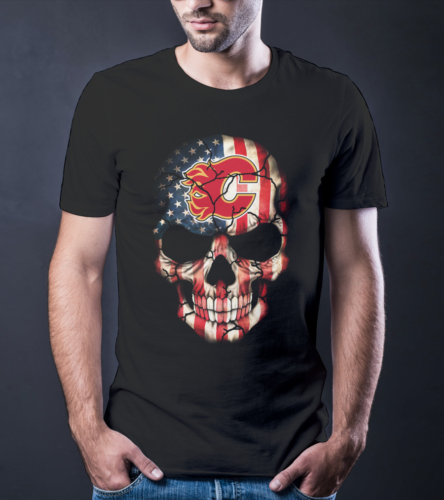 Calgary Flames Skull With American Flag T-Shirt