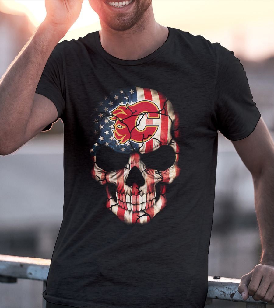 Calgary Flames Skull With American Flag T-Shirt