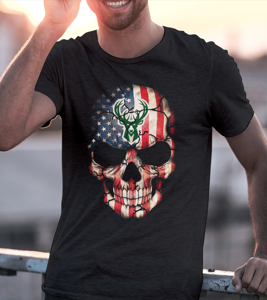 American Flag Skull With Milwaukee Bucks T-Shirt