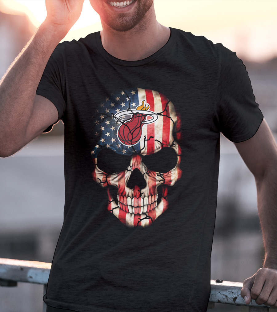 American Flag Skull With Miami Heat Basketball T-Shirt