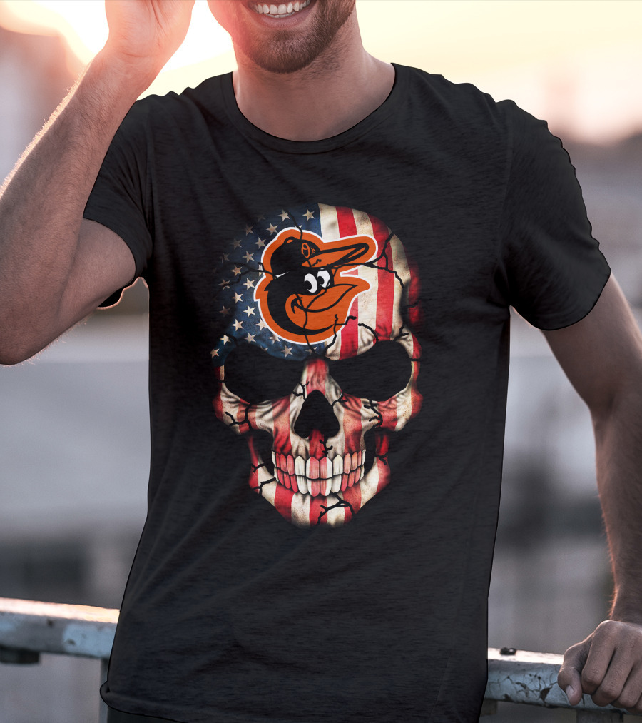 Baltimore Orioles American Flag Skull T-Shirt