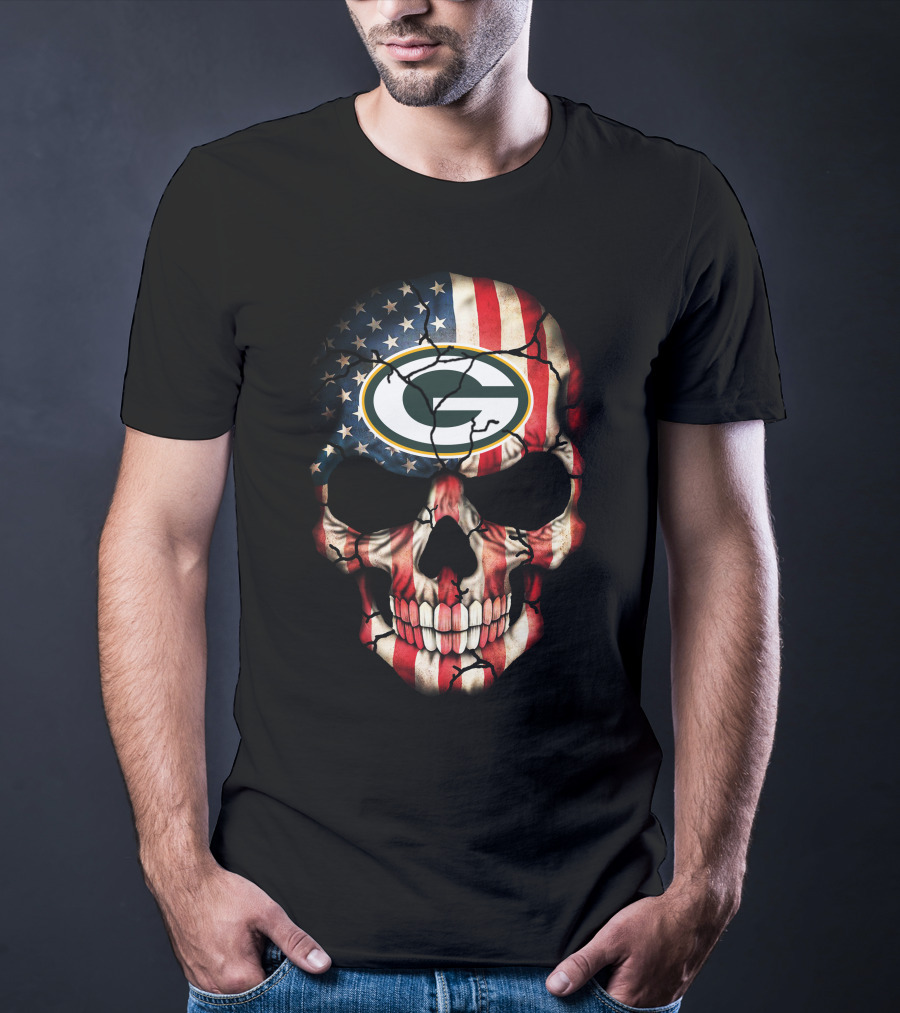 Green Bay Packers American Flag Skull T-Shirt