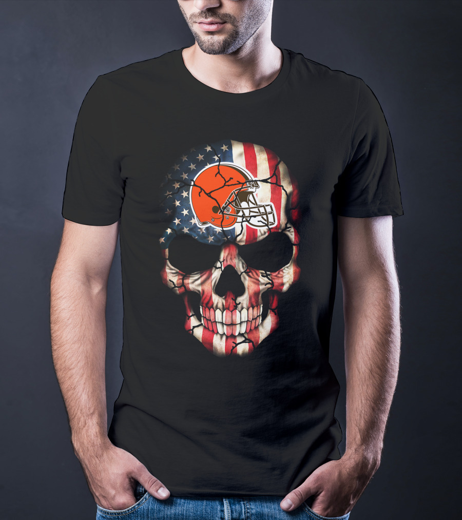 Cleveland Browns Skull American Flag Helmet Stars Stripes T-Shirt