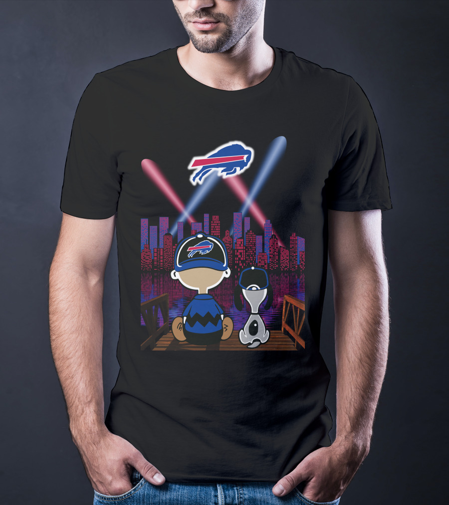 Buffalo Bills Skyline With Snoopy And Charlie Brown On A Pier T-Shirt