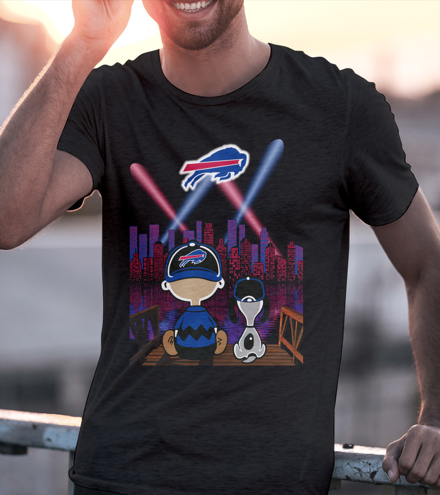 Buffalo Bills Skyline With Snoopy And Charlie Brown On A Pier T-Shirt
