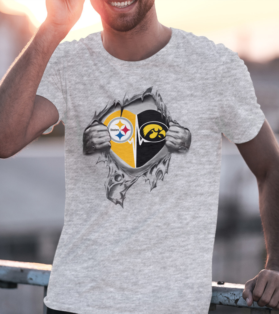 Steelers Iowa Hawkeyes Heart Design With Torn Fabric Effect T-Shirt