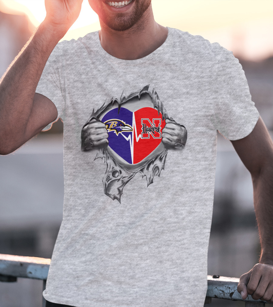 Ravens Nebraska Cornhuskers Heart Rip Logo Fusion T-Shirt