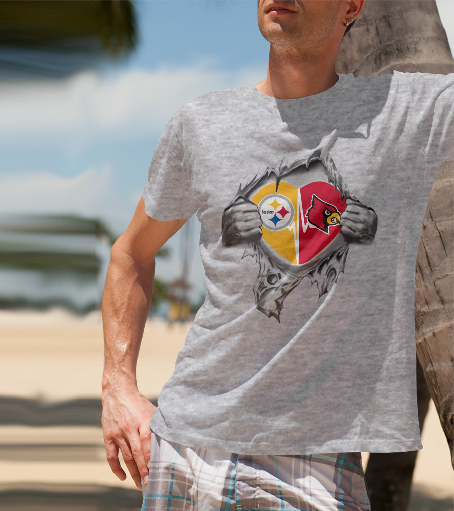 Steelers And Louisville Cardinals Heart With Torn Metal Effect T-Shirt