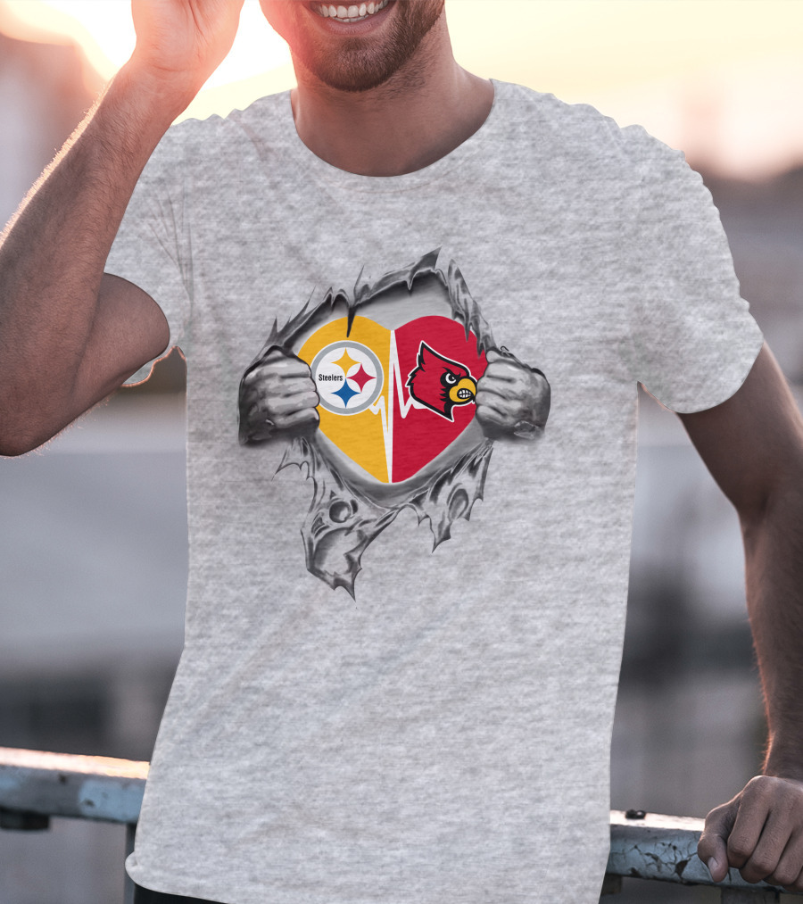 Steelers And Louisville Cardinals Heart With Torn Metal Effect T-Shirt