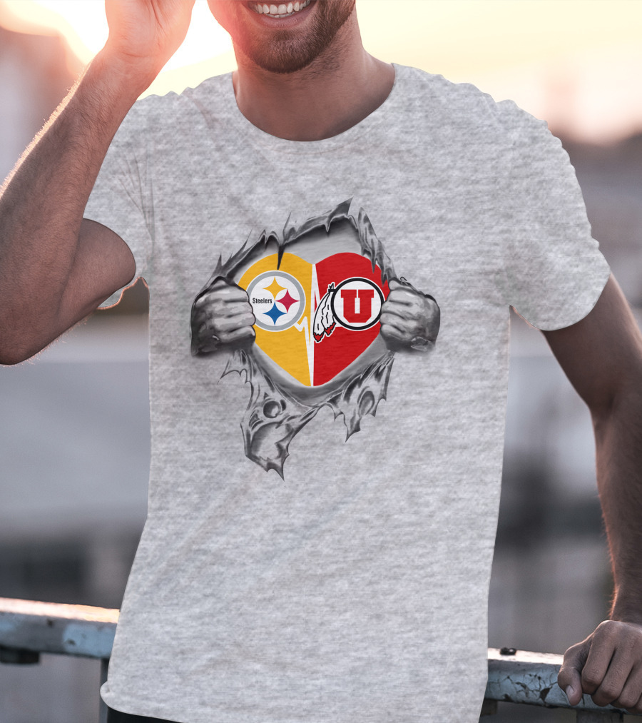 Steelers Utah Utes Heart Dual Loyalty Fusion T-Shirt