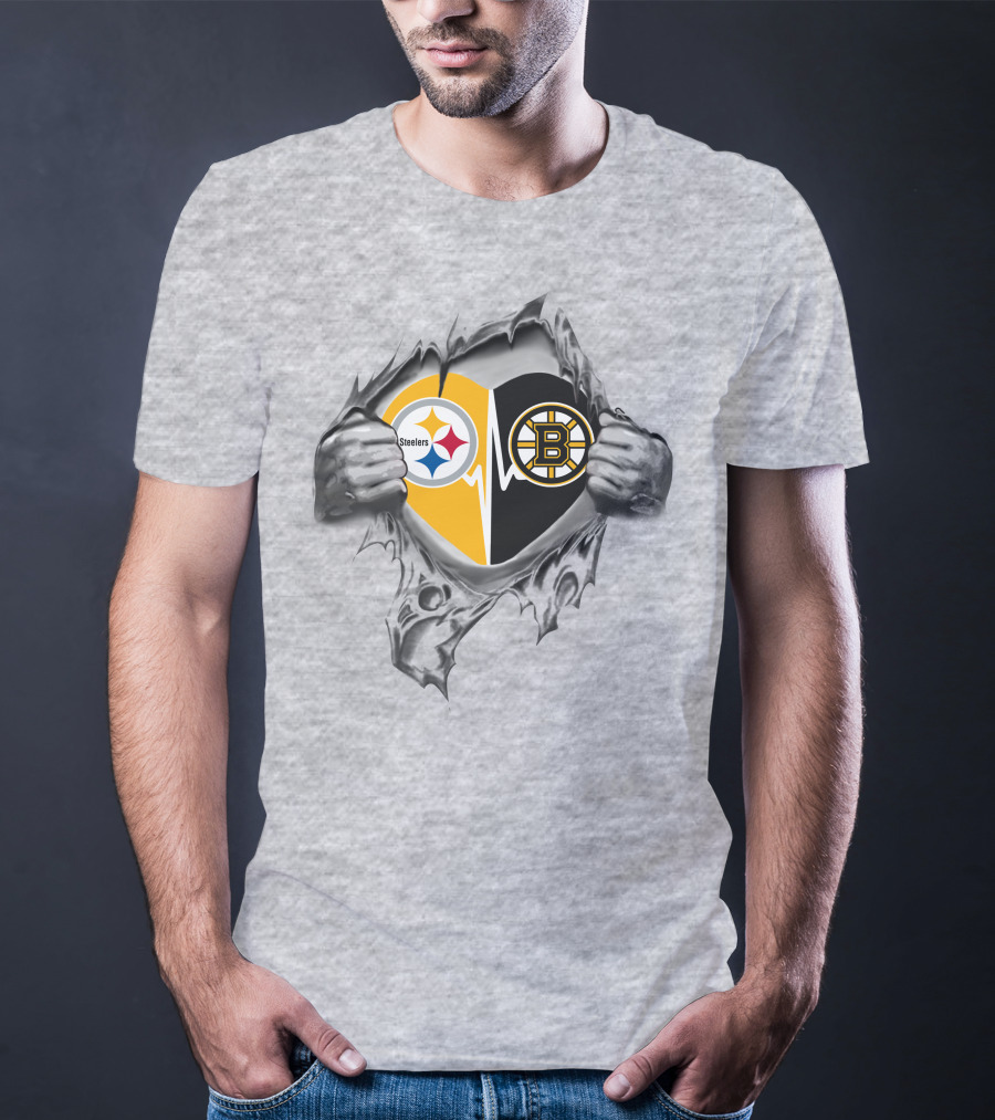 Steelers Boston Bruins Heartbeat Symbol With Team Logos T-Shirt