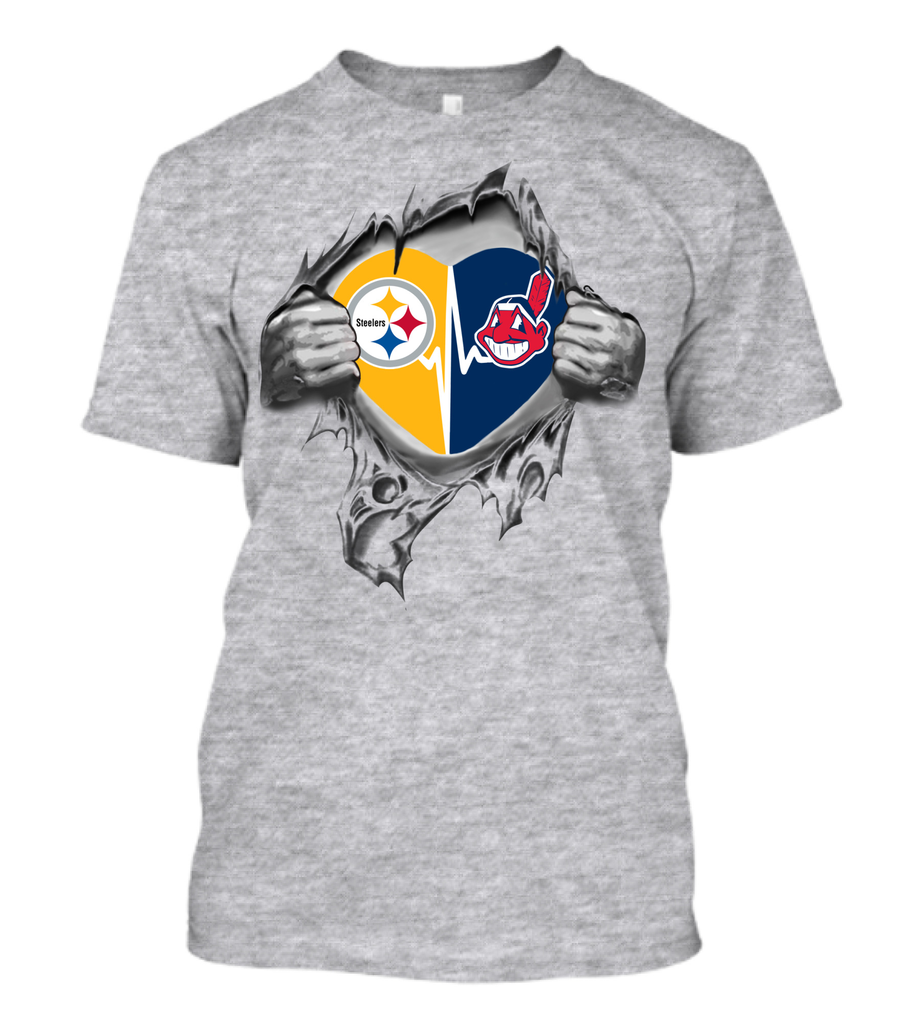 Steelers Cleveland Indians Heart Design Featuring Logos And Hands T-Shirt