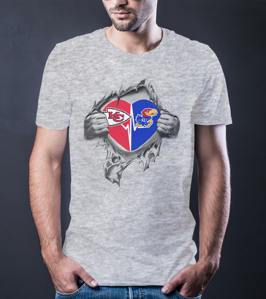 Chiefs And Kansas Jayhawks Heart Emblem Featuring Iconic Logos T-Shirt