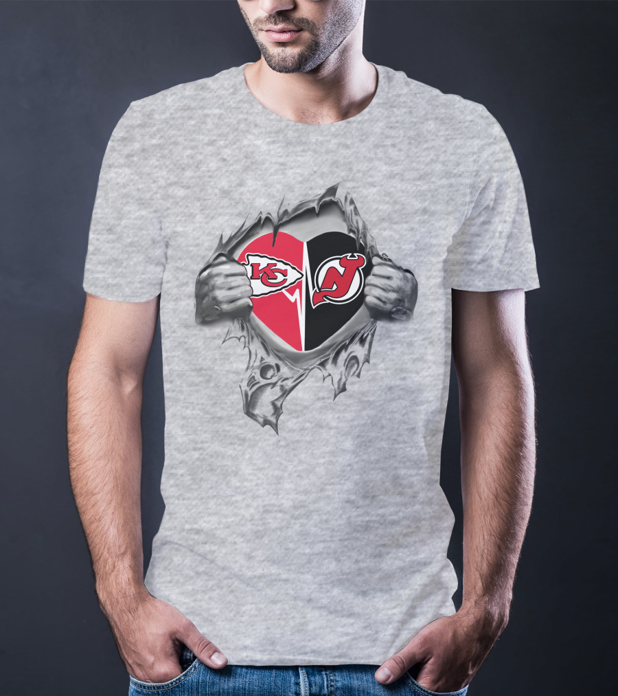 Chiefs New Jersey Devils Heart Symbol With Logos And Torn T-Shirt