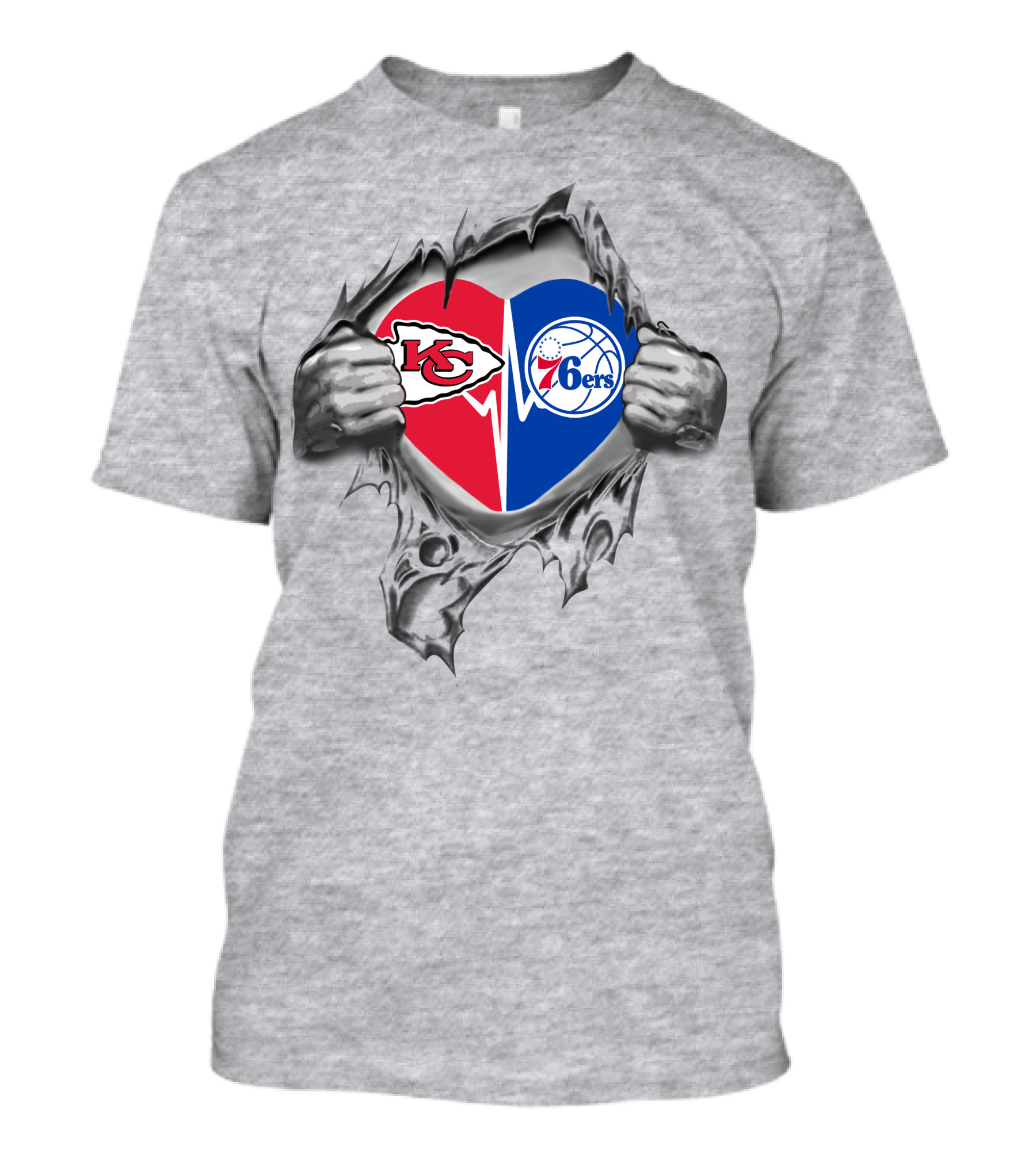 Chiefs Philadelphia 76ers Heart Torn Design Featuring Nfl And Nba Logos T-Shirt